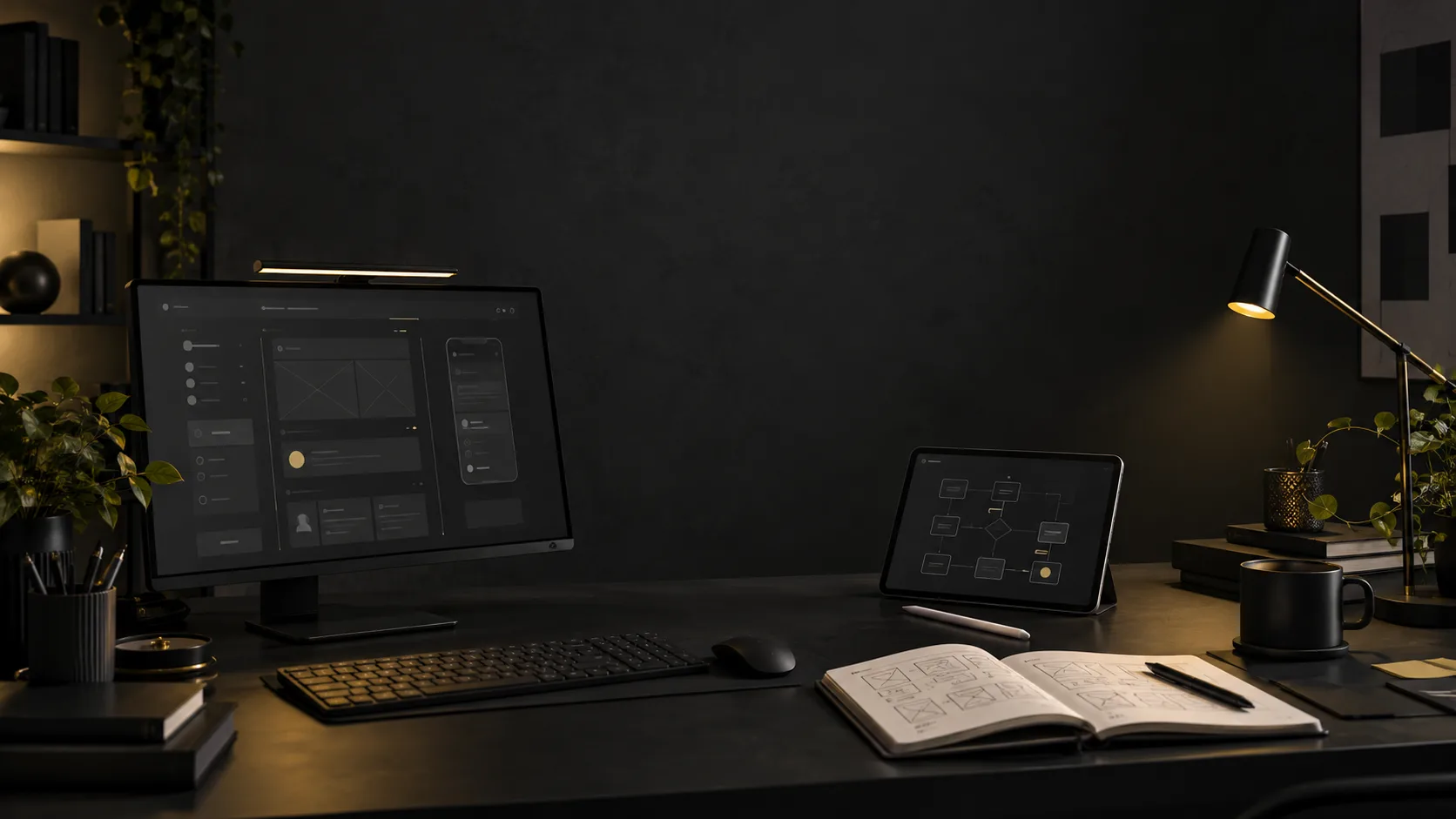 Dark product-design workspace with interface sketches and warm yellow lighting