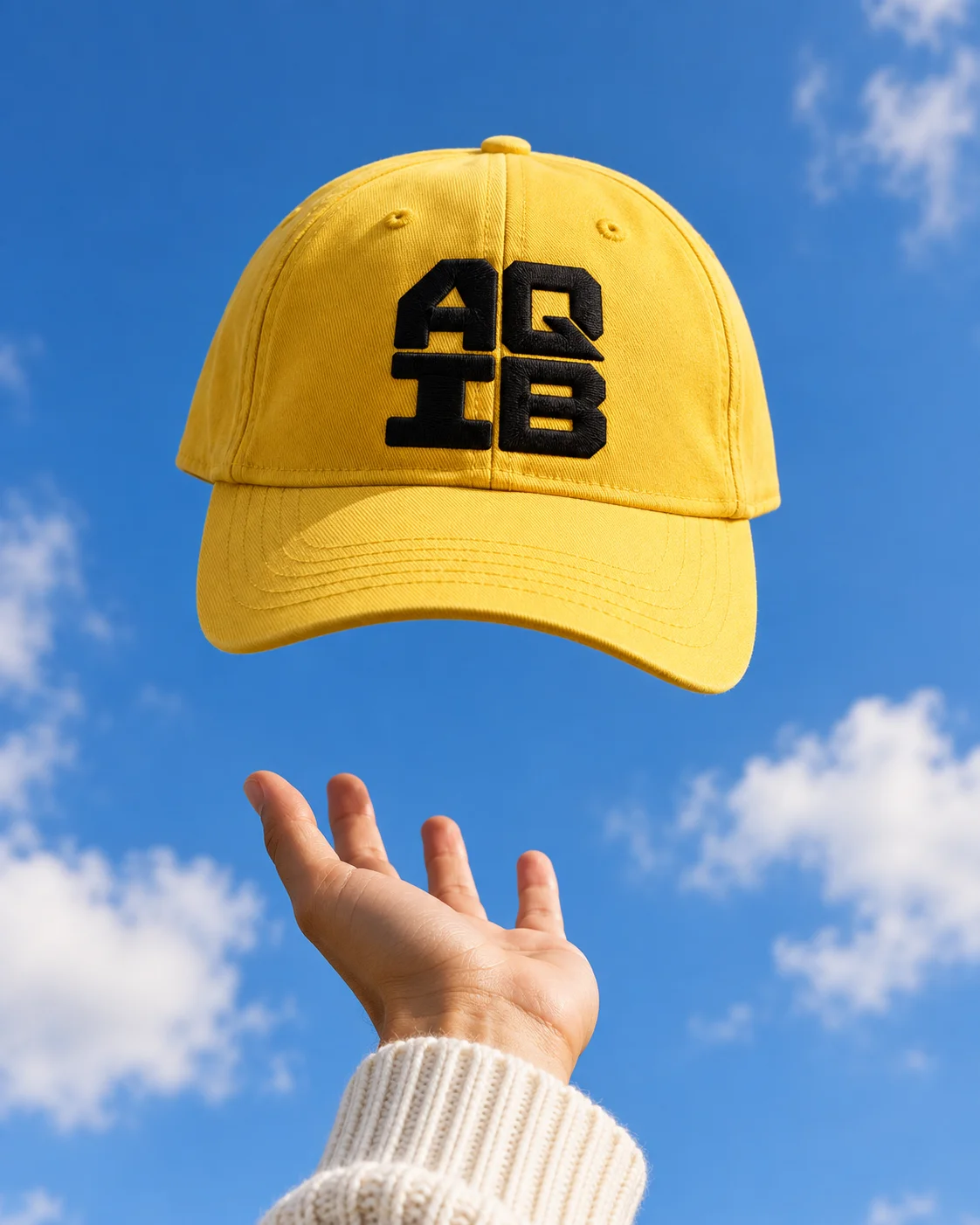Yellow cap embroidered with the AQIB logo floating above a hand against a blue sky