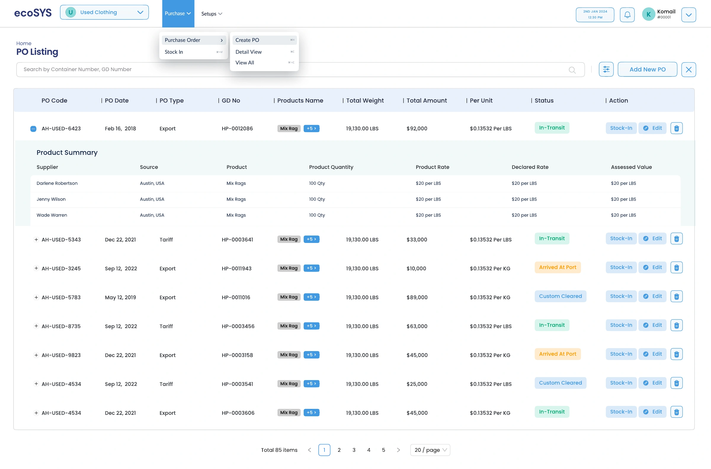 Ecosys design: Purchase-order listing / filters and status