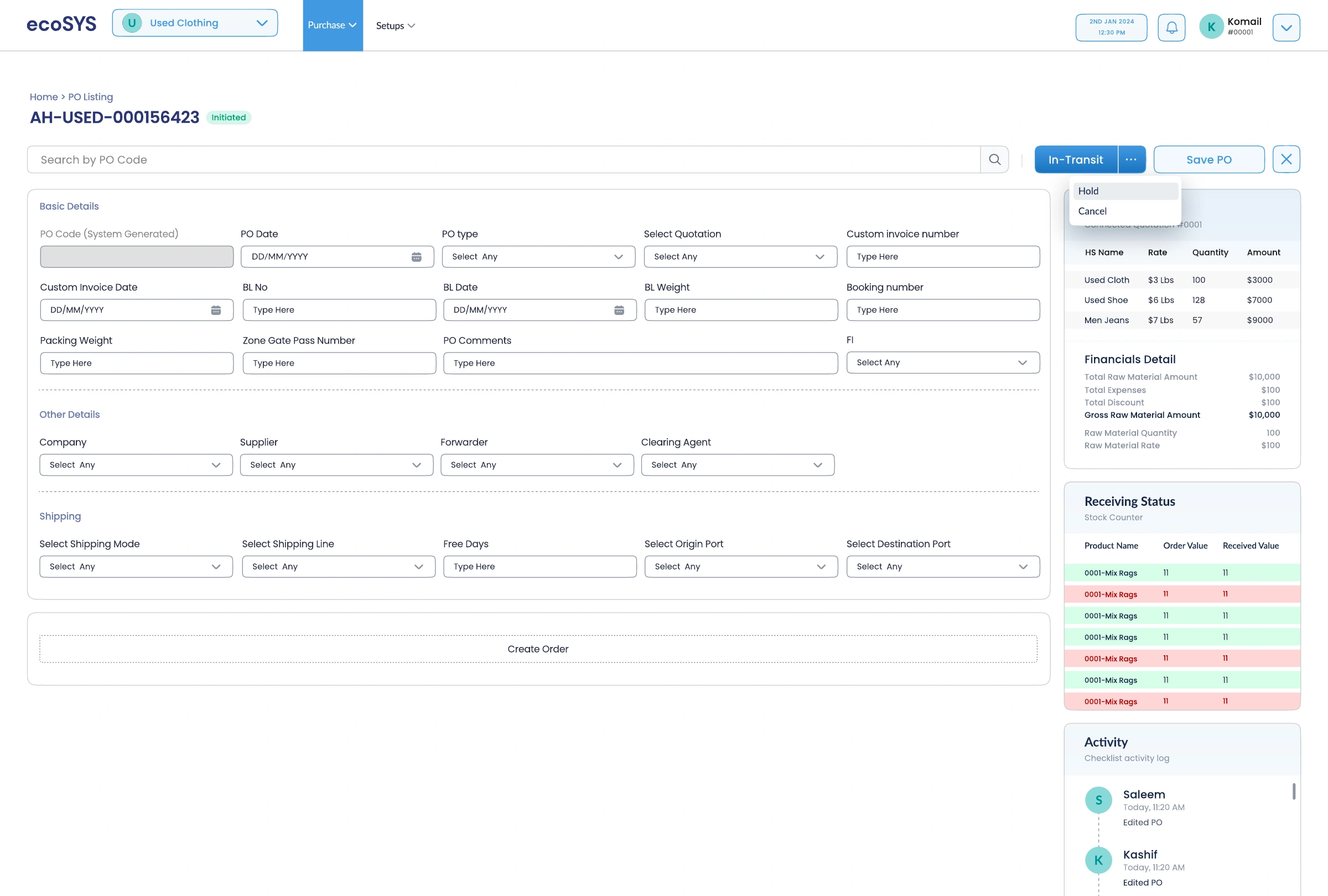 Ecosys design: Purchase order / grouped details and receiving status