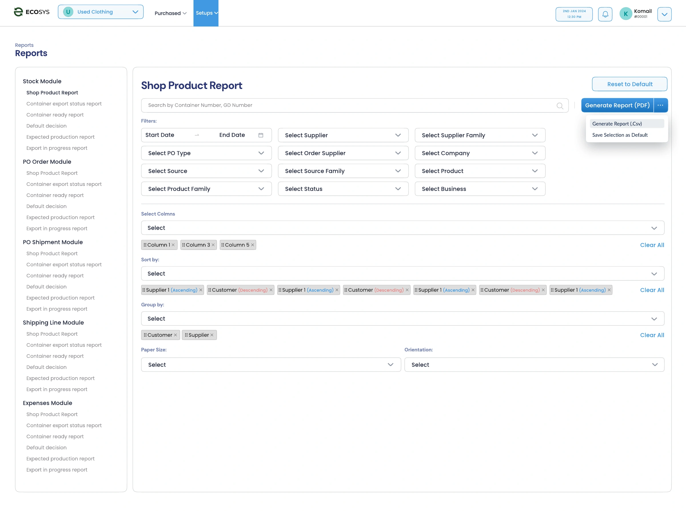 Ecosys design: Reports / filters, columns, sorting, and export