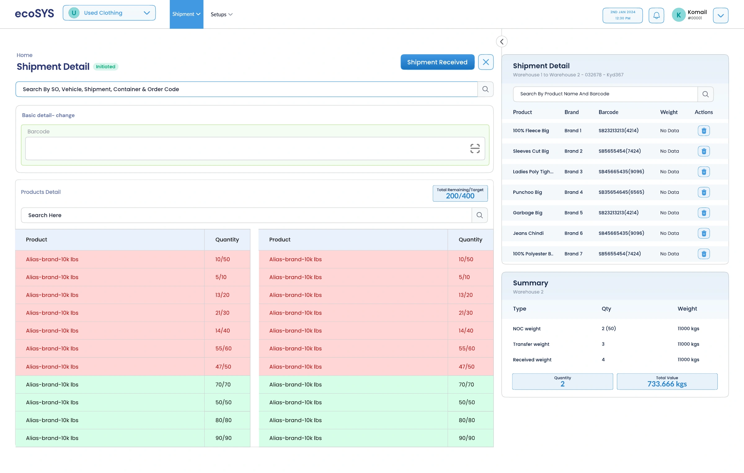 Ecosys design: Shipment detail / remaining quantities and scanned items