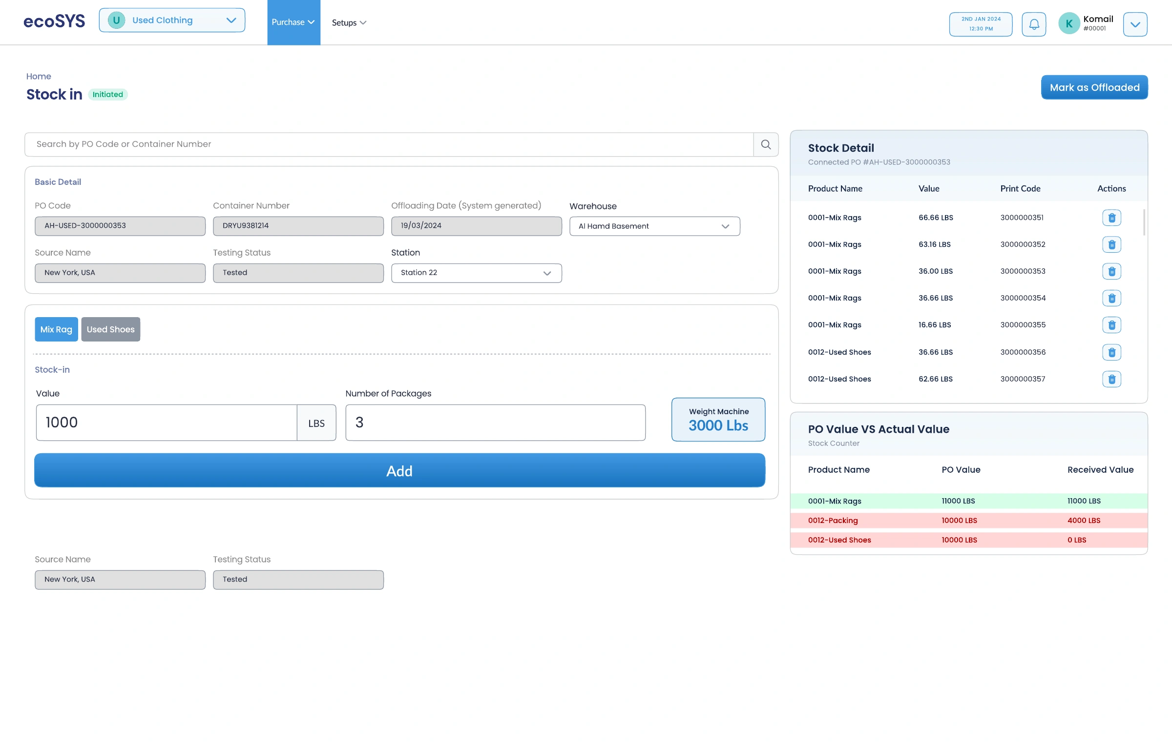 Ecosys design: Stock intake / expected versus received quantities