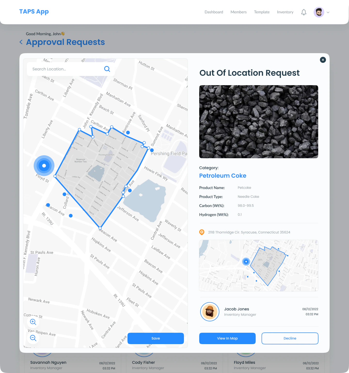 Location comparison map with request details