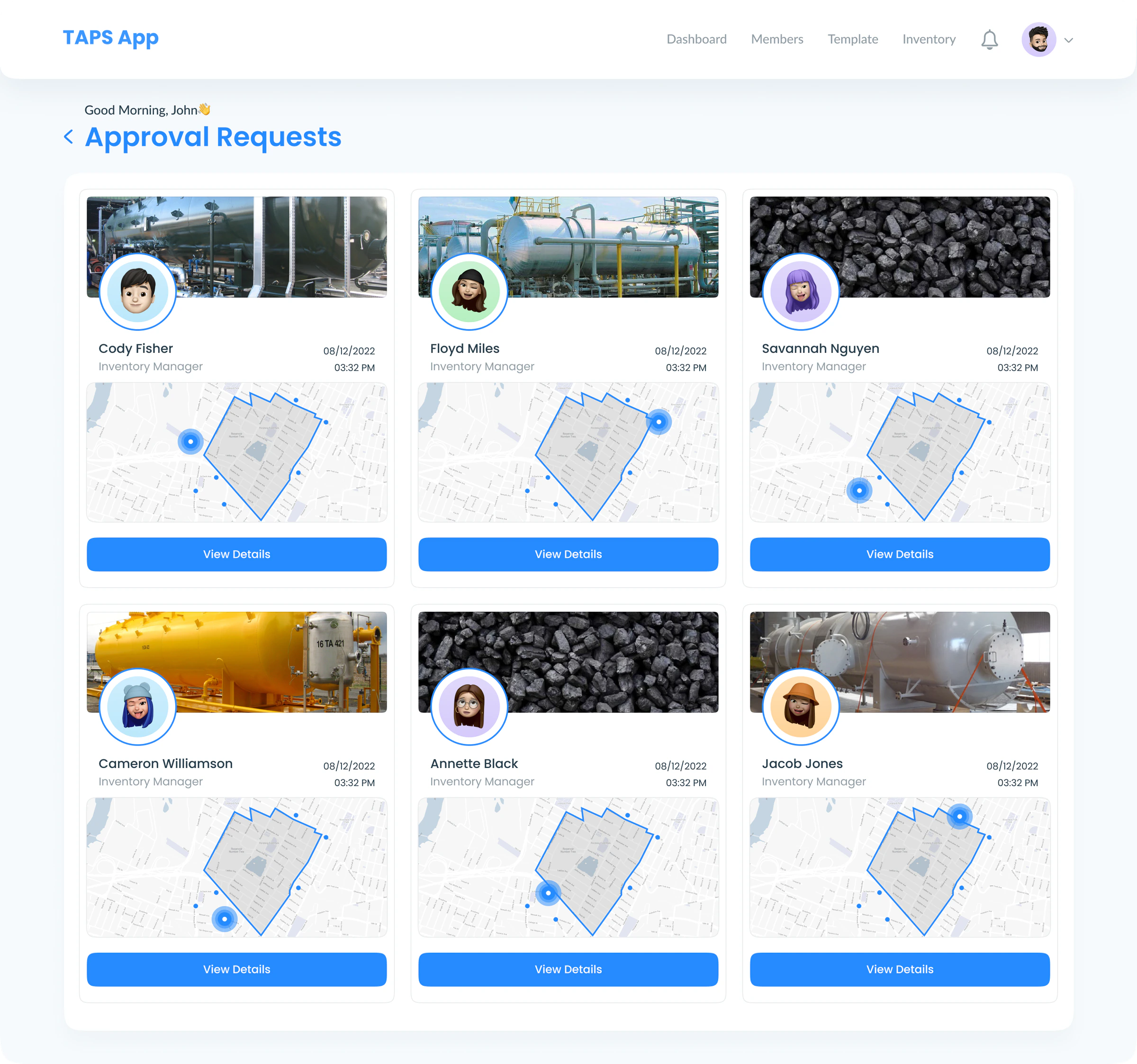 Approval request cards with requester and inventory information