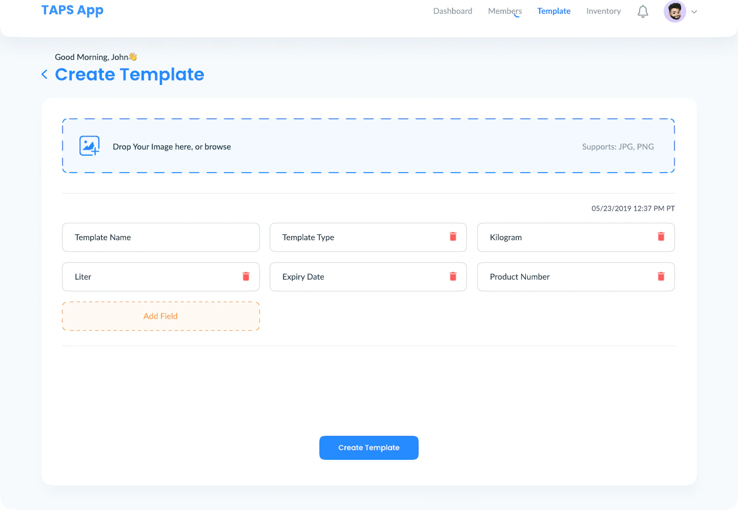 Template creation with image upload and configurable fields
