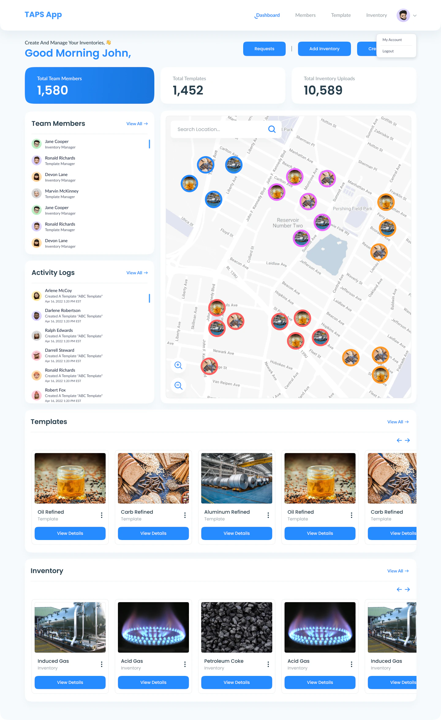 Dashboard with team activity and inventory locations