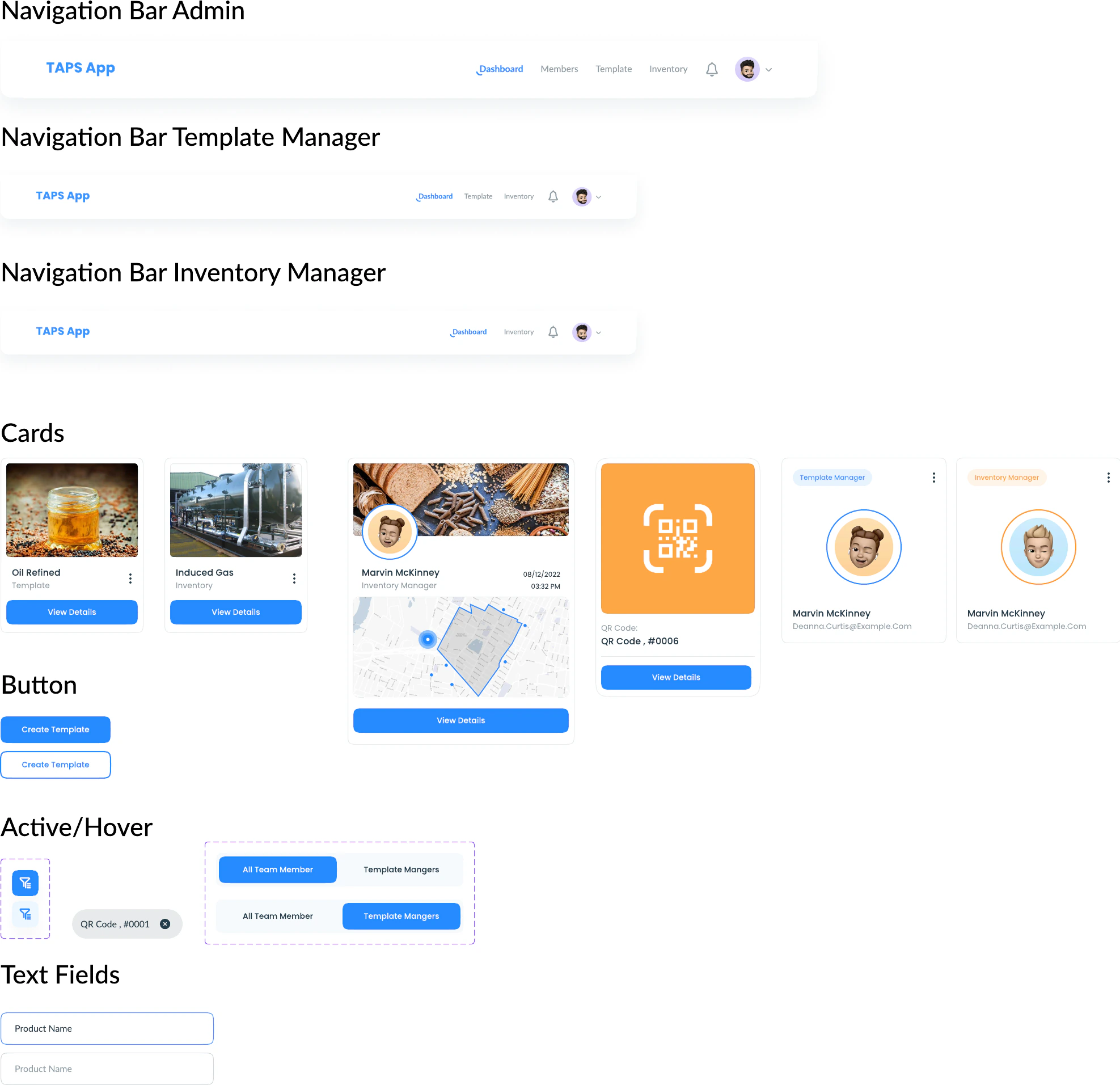 Original TAPS component sheet with navigation, cards, buttons, fields, and active states