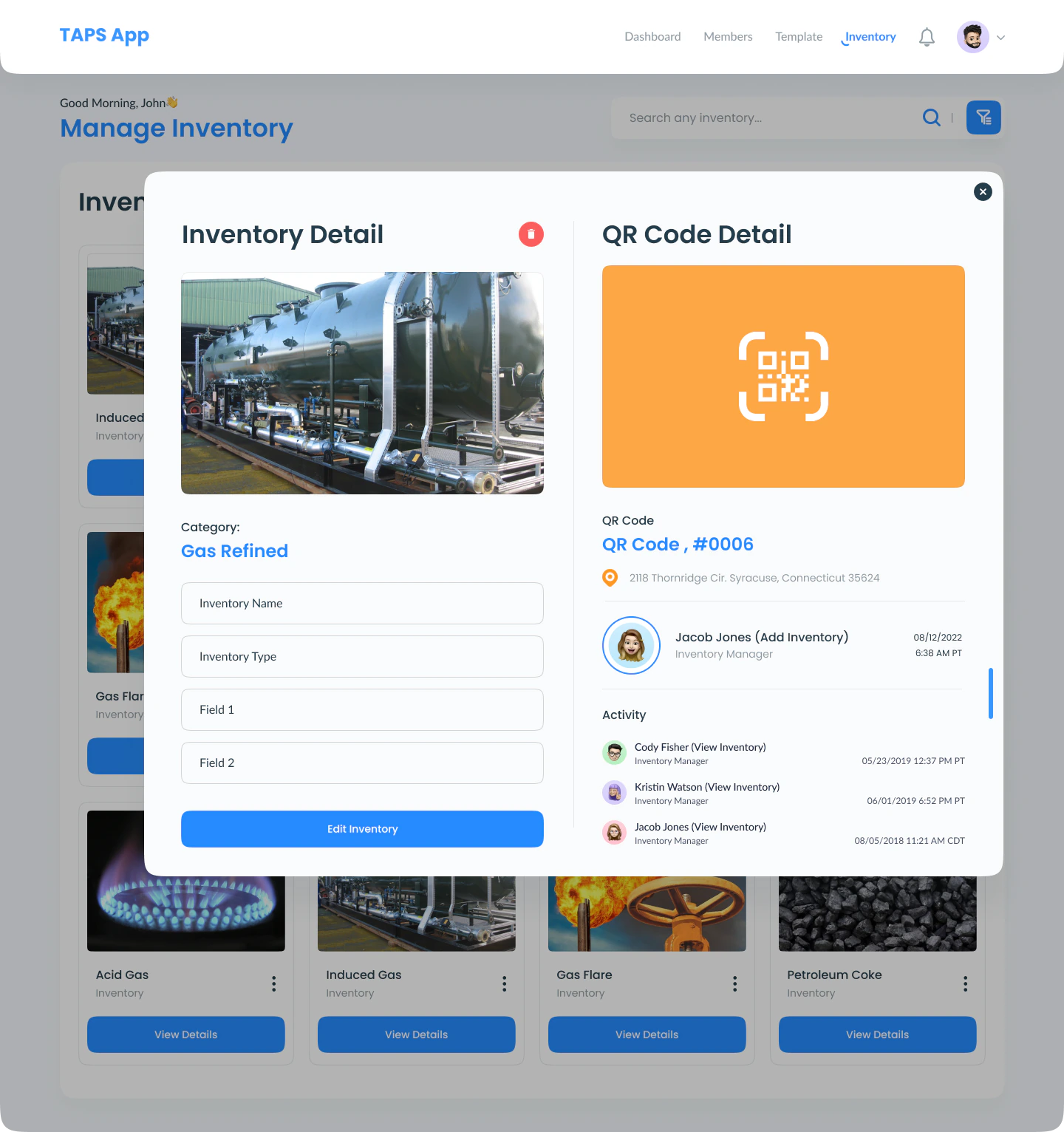 Inventory detail showing product, QR code, location, owner, and activity