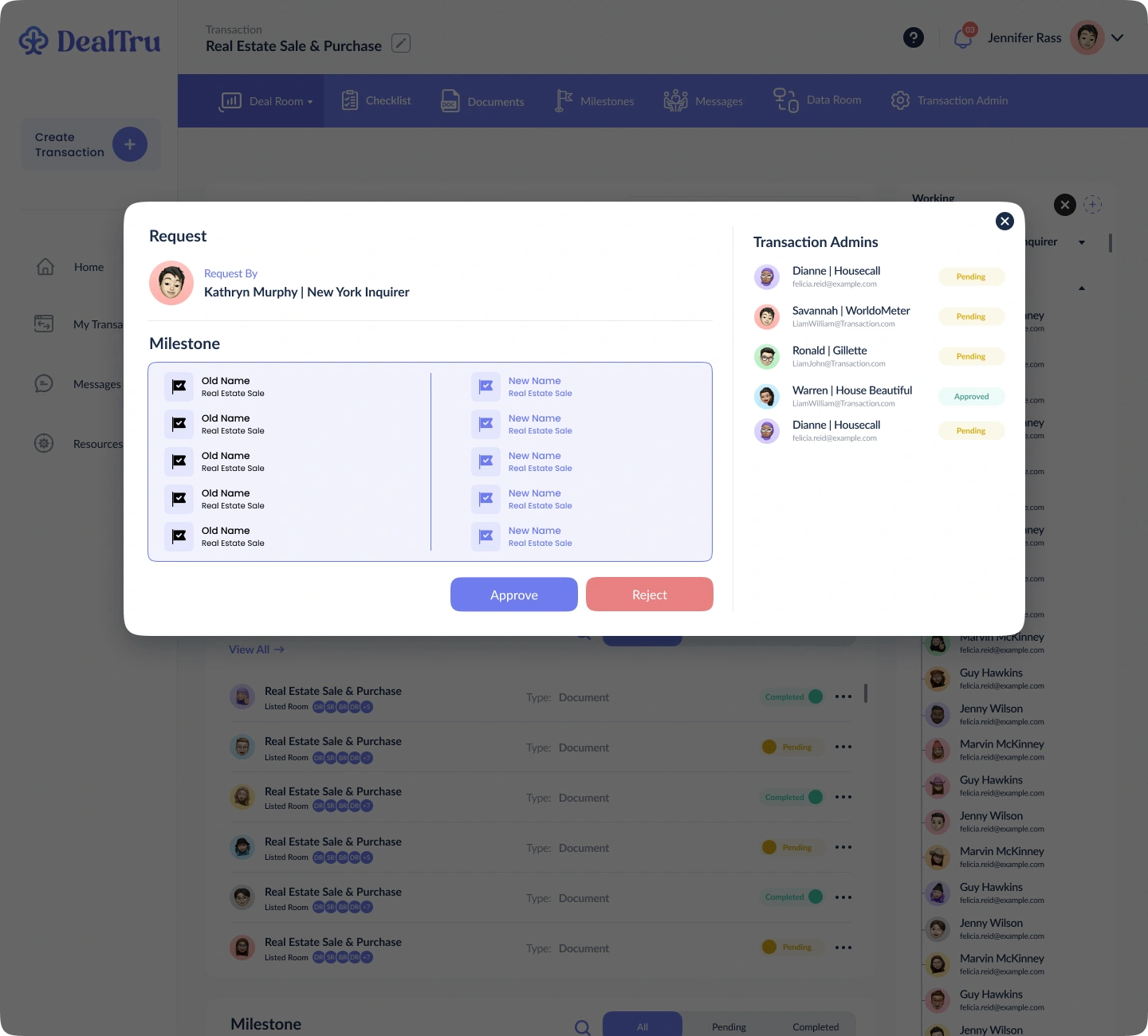 Request review modal comparing milestone names with administrator approval states