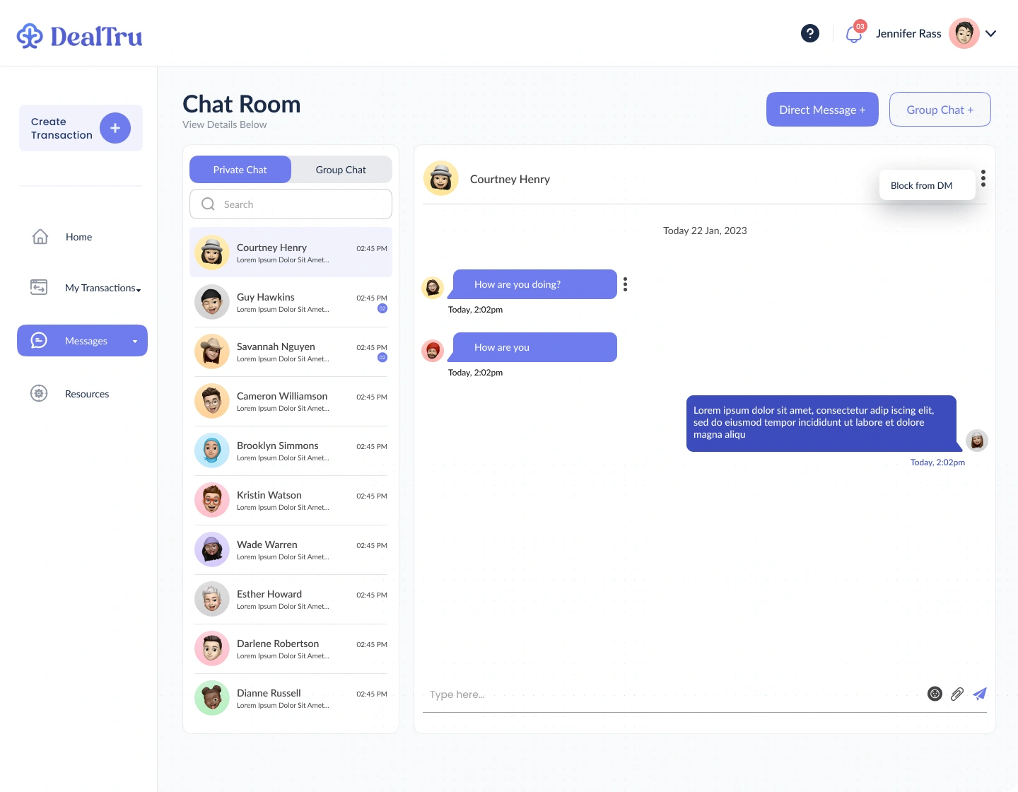Chat interface with contact list, private and group tabs, messages, and composer