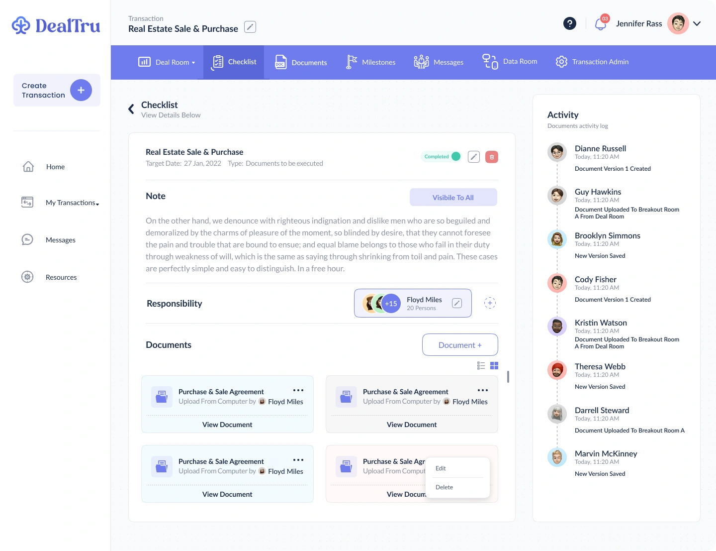 Checklist item with notes, responsible people, and supporting document cards