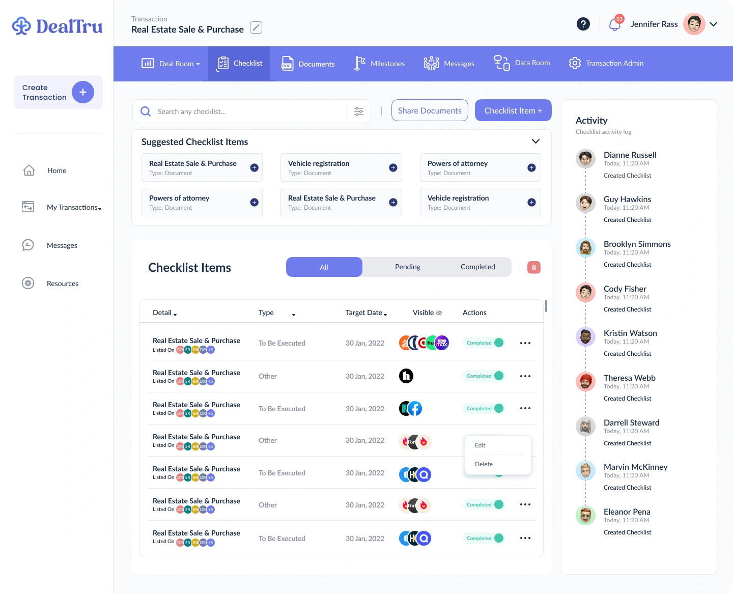 Checklist with suggested items, status filters, due dates, and visible participants