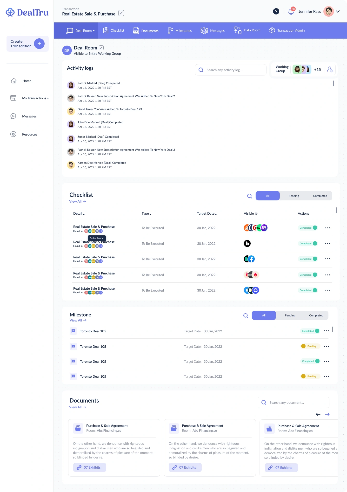 Full deal room with its activity history, tasks, milestones, and document cards