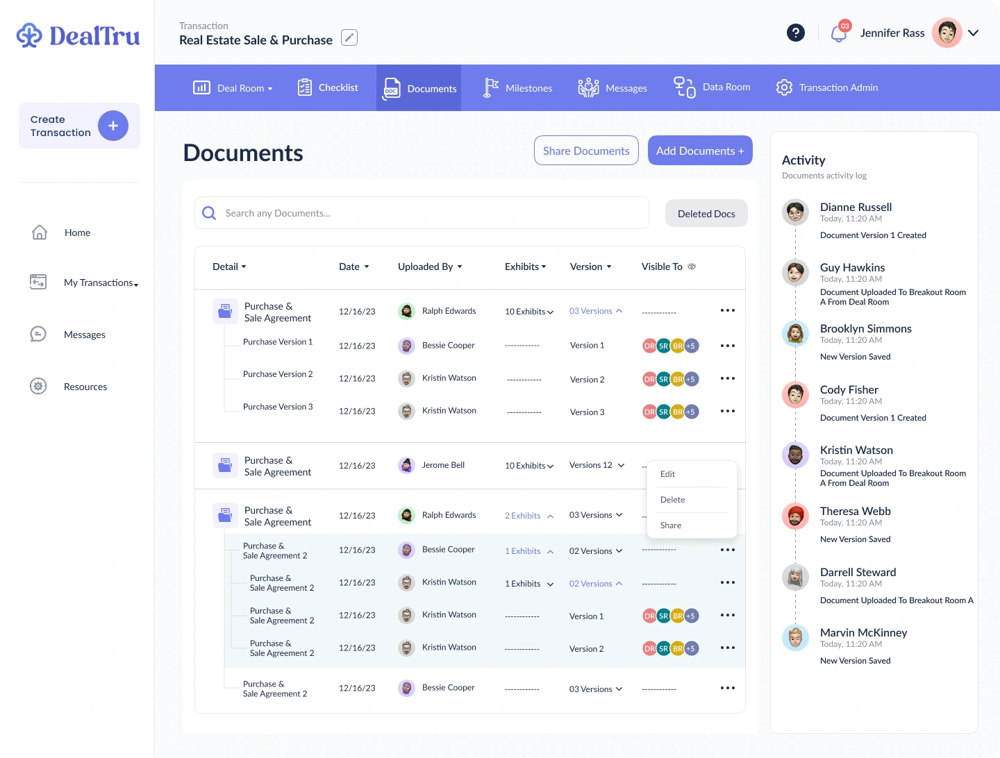 Document library with nested versions, exhibits, visibility, uploader, and activity