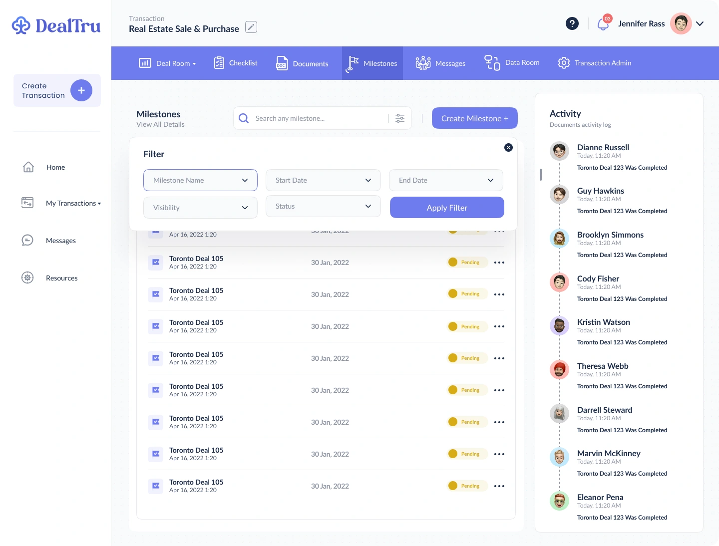Milestone filters for name, start date, end date, visibility, and status