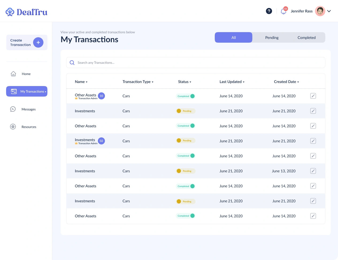 Transaction listing with search, pending and completed filters, and update dates